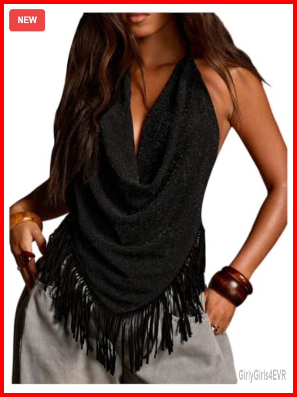 Sparkly Halter Top Deep V Neck Asymmetrical Fringe Backless Tank Party